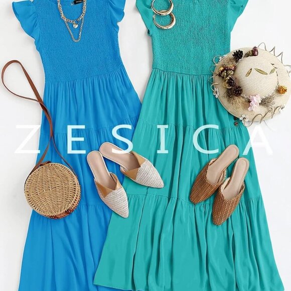 Women's 2025 Summer Casual Flutter Short Sleeve Crew Neck Smocked Elastic Waist - Picture 7 of 7